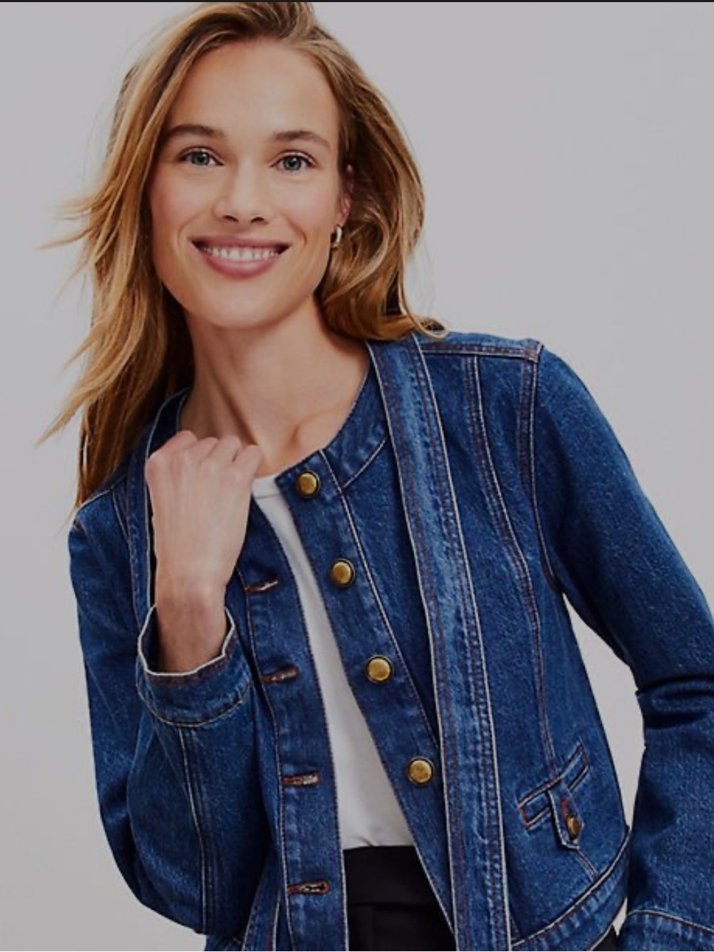 LOFT Mid Indigo Collarless with Bow Denim Jacket - Blue